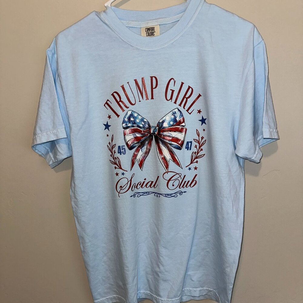 Comfort Colors Tee In CHAMBRAY With Glitter Transfer "TRUMP GIRL SOCIAL CLUB"
